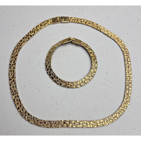 Vintage Gold Tone Textured Nugget Thick Flat Chain 18" Necklace 7" Bracelet Set - Picture 1 of 15